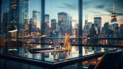 Fototapeta na wymiar Blurry background with office with big glass in city generative ai