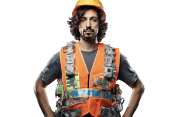 Front view of male engineer with architectural plans.isolated tranparent background