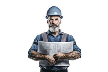 Front view of male engineer with architectural plans.isolated tranparent background