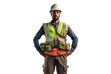 Front view of male engineer with architectural plans.isolated tranparent background