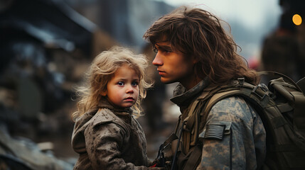 Fototapeta premium Father in full military uniform He was hugging his daughter to say goodbye to go on a mission,generative ai