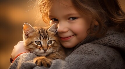 Portrait of a cute toddler girl embracing adorable tabby cat with yellow eyes. Loving kit hugging her cute long hair kitty in a warm sunshine autumn day. Background, copy space, close up. 