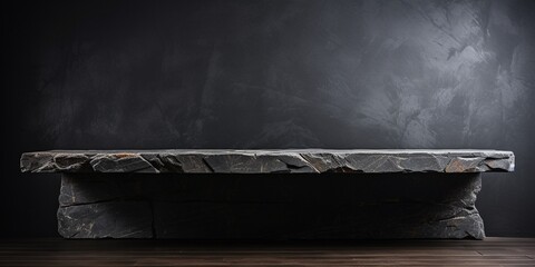 Dark stone podium for display product, dark rock textured background, luxury display podium.