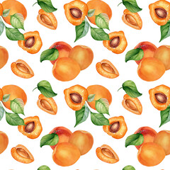 Watercolor whole and segment apricots seamless pattern isolated on white. Orange fruits illustration. Peach, leaves, nectarine hand drawn. Design element for package, wrapping, textile, background