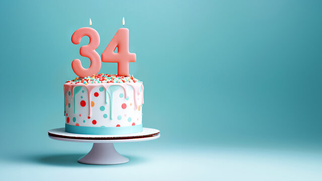 34th year birthday cake on isolated colorful pastel background