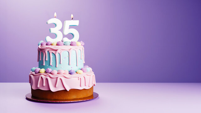 35th year birthday cake on isolated colorful pastel background