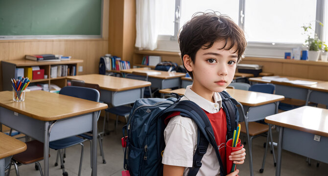 A boy, an elementary school student with a briefcase on his back in the classroom, stands with writing materials in his hands. Generative AI