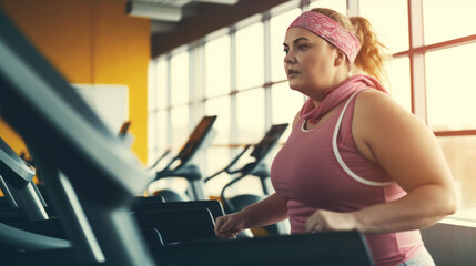Fat woman in the new modern gym day time - obrazy, fototapety, plakaty