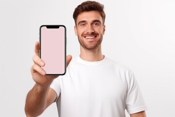 Fototapeta na wymiar Portrait of young man advertising new smartphone showing it to camera against white background