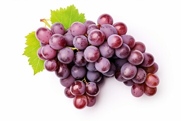 cluster of ripe grapes on white background. purple grape with green vine, isolated on white. top view or flat lay. Generative AI - obrazy, fototapety, plakaty