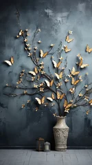 Papier Peint photo autocollant Papillons en grunge Photo wallpaper, wallpaper, mural design in the loft, classic, modern style. Willow branches with gold butterflies on a dark concrete grunge wall.