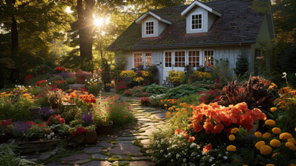 A paved path with flowers on the sides leading to a house - obrazy, fototapety, plakaty
