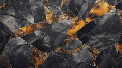 Regal 3D Rendered Black and Gold in Marble Graphite Stone Pattern with Intricate Polygonal Line Cracks and Dynamic Cracking Effects, Opulent Geometric Surface Artistry, Perfect for Premium Design, 