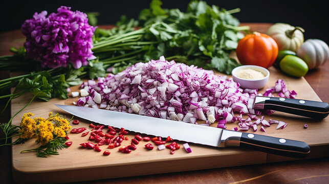 Perfectly Cut Onion Brunoise Arrangement on Cutting Board. Diligently Chopped Onion in Brunoise on Cutting Surface.