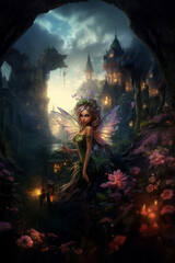 Fairy with wings on castle background, fantasy, dreams. AI generative