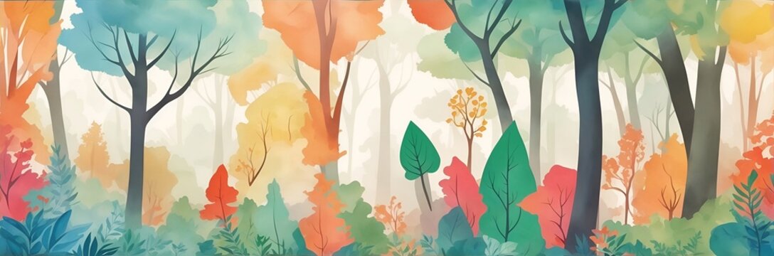 Beautiful watercolor paint of forest. AI generated illustration