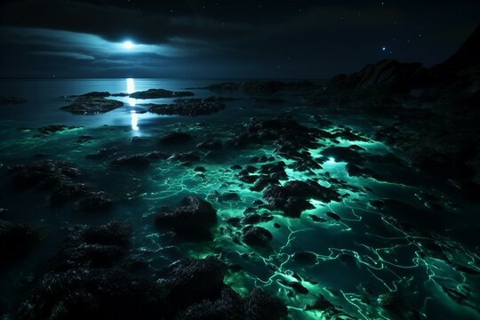 Bioluminescent Plankton Lighting Up A Dark Ocean Night.