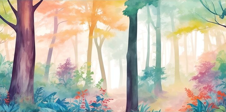 Beautiful watercolor paint of forest. AI generated illustration