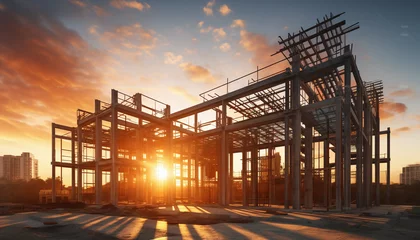 Fototapeten A construction site silhouetted against a picturesque sunset, where structural steel beams are being used to erect massive residential buildings, combining the beauty of nature and human ingenuity. © wiizii