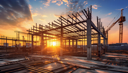 A construction site silhouetted against a picturesque sunset, where structural steel beams are being used to erect massive residential buildings, combining the beauty of nature and human ingenuity. - obrazy, fototapety, plakaty