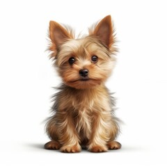 A small brown dog sitting on a white floor