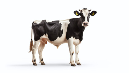 A gentle, surprised-looking cow with a pink nose is isolated on a white background, its black and white coloring standing out, and set against a vibrant blue sky.