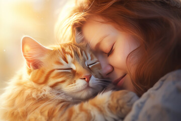 A woman is nestled up with her cat, sleeping soundly. Their serene expressions reflect comfort and trust. It's a concept centered around daily growth, achievement, and affection.