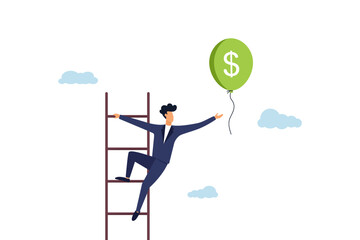 Businessman on the stairs in the clouds is trying to catch a balloon with dollar money. Achieving financial goals, a staircase of success. Ilyustration