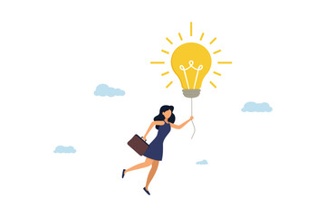 Business woman floats in clouds with a light bulb. The concept of business ideas.