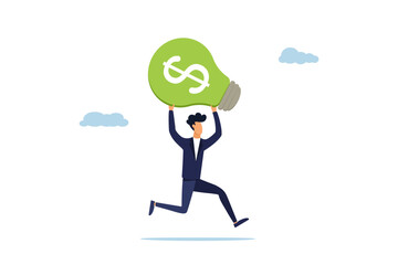 Make profit from investment, creativity or innovation, financial idea concept, businessman carrying bright light bulb idea with dollar money sign.