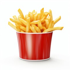 A red bucket filled with crispy French fries on a clean white background