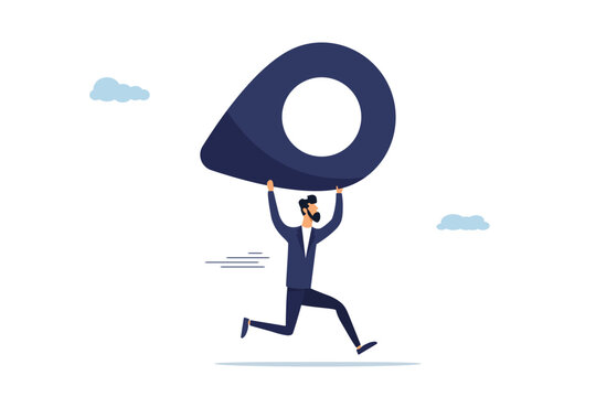 Moving office to new address concept, happy businessman carrying address pin or map mark running to new destination.