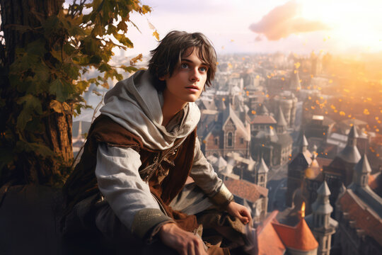 Beautiful medieval boy adventurer cosplay above city. Fairy tale illustration made with Generative AI