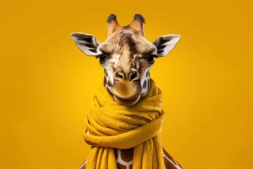 Schilderijen op glas Head and neck of a cute giraffe in yellow scarf on yellow background © spyrakot