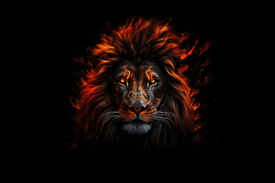 Lion. Head of Lion with a fiery mane. The majestic King of beasts with a flaming,  blazing mane. Regal and powerful. Wild animal. Fire background. Isolated on black. Print. 3D illustration. Ai