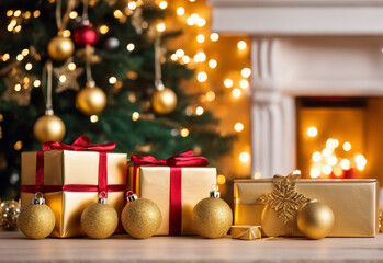 christmas decoration gift box with ribbon on a light warm blurry background