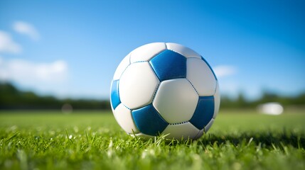 Fototapeta premium Close up of a Soccer Ball with white and blue Patterns. Blurred Football Pitch Background