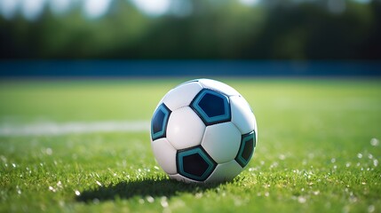 Close up of a Soccer Ball with white and blue Patterns. Blurred Football Pitch Background