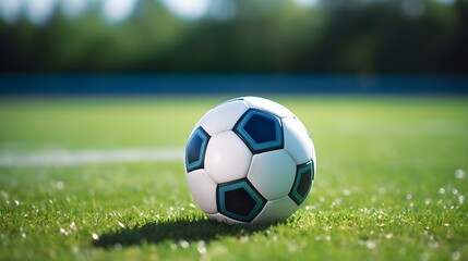 Fototapeta premium Close up of a Soccer Ball with white and blue Patterns. Blurred Football Pitch Background