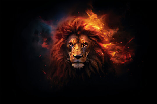 Lion. Head of Lion with a fiery mane. The majestic King of beasts with a flaming,  blazing mane. Regal and powerful. Wild animal. Fire background. Isolated on black. Print. 3D illustration. Ai