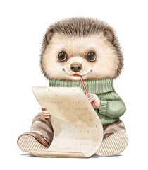 Watercolor Christmas vintage cute hedgehog in sweater and pants clothes writes letter with wishes to Santa Claus isolated on white background. Hand drawn illustration sketch © Mimomy