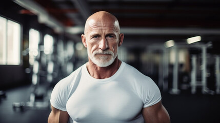 Obraz premium copy space, stockphoto, Portrait of senior man working out gym fitness, fitness concept. Elderly man in good shape and good health. Active elderly man. Healthy people. Good life insurance. 