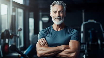 Fototapeta na wymiar copy space, stockphoto, Portrait of senior man working out gym fitness, fitness concept. Elderly man in good shape and good health. Active elderly man. Healthy people. Good life insurance. 