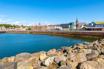 The main seafront street facing the harbor and cruise port at the Scottish town of Stornoway,...