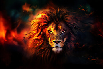 Lion. Head of Lion with a fiery mane. The majestic King of beasts with a flaming,  blazing mane. Regal and powerful. Wild animal. Fire background. Isolated on black. Print. 3D illustration. Ai - obrazy, fototapety, plakaty