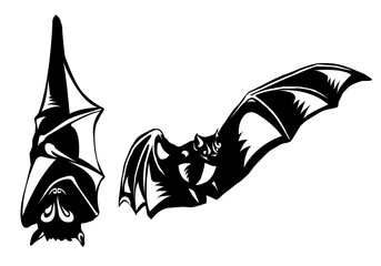 Black bats vector illustration. Halloween bats flying silhouette. Simple bat cartoon icon. Wildlife design element isolated on transparent background