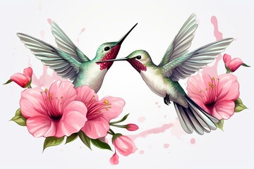Illustration of hummingbirds and flowers on a transparent background, perfect for spring. Generative AI