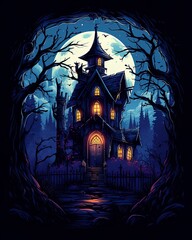 Spooky old wooden haunted house and full moon in scary dark forest.