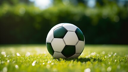 Naklejka premium Close up of a Soccer Ball with white and green Patterns. Blurred Football Pitch Background