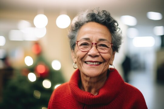 Portrait of a smiling senior woman in a nursing home decorated for the Christmas holidays